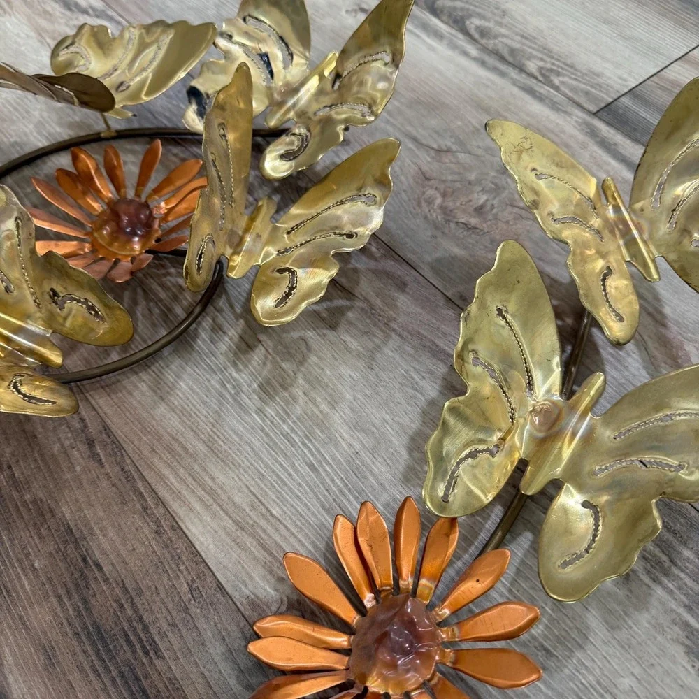 Vintage Brass Butterfly Wall Art‎ Set of 2 Copper Flowers 1970s